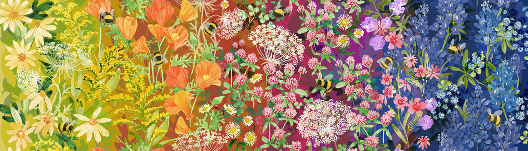 Robin Pickensin suunnittelema Wild Blossoms kokoelman Rainbow 48730-11 puuvillakangasow, kauniit kukkakuviot, sateenkaari