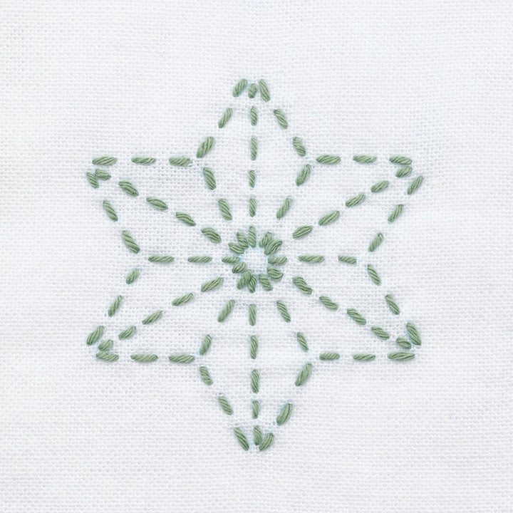 Olympus Sashiko-lanka Awai-iro A8 Green Tea – murrettu vihreä sashikolanka 40m, kirjonta esimerkki