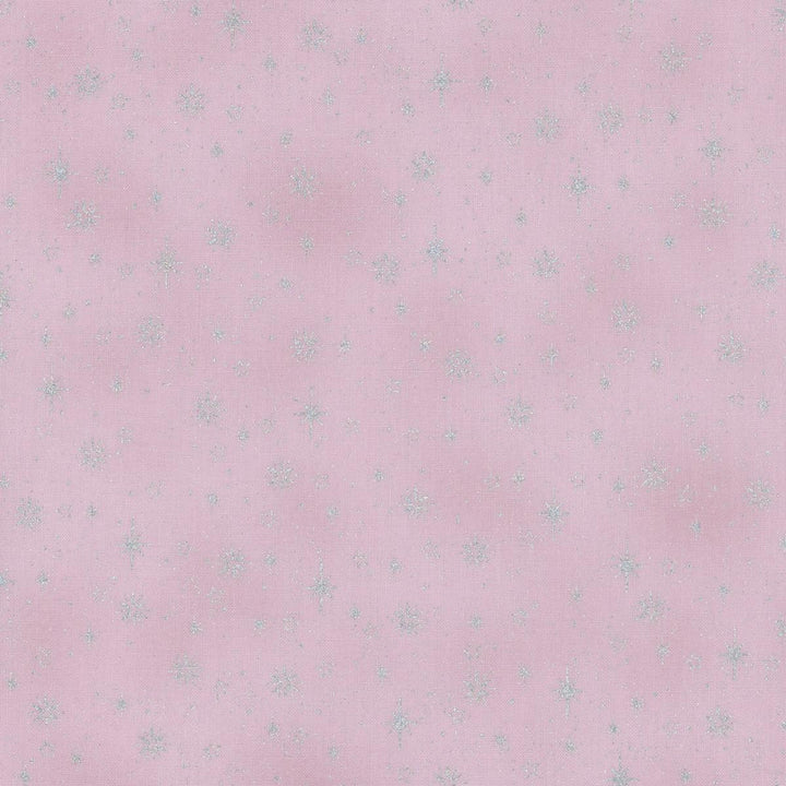 Vaaleanpunainen joulukangas, jossa  hopeisia lumihiutaleita ja tähtiä – Stof Fabrics We Love Christmas