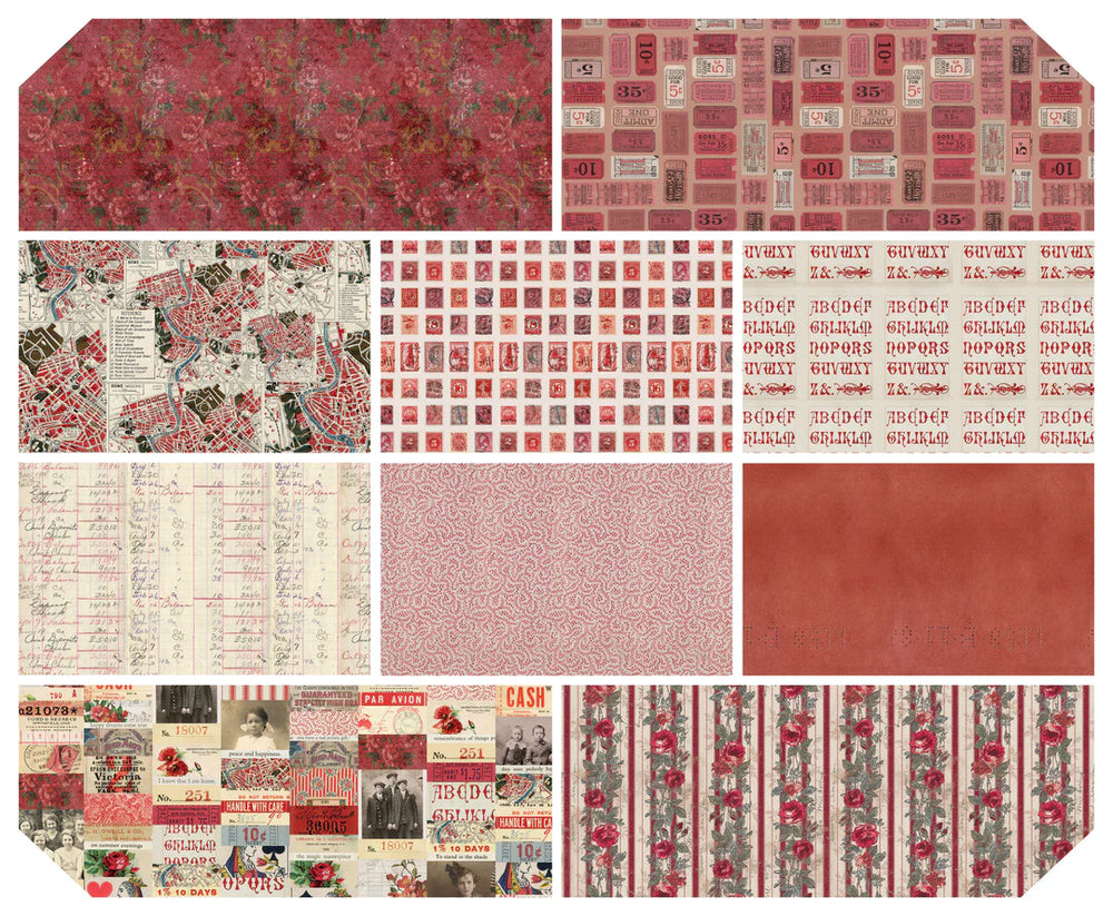 Tim Holtz Palette -kokoelman Punainen Fat Quarter -nippu, jossa 10 palan Eclectic Elements -kankaita