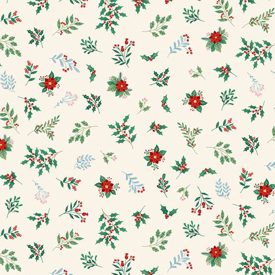 The Nutcracker 226-Q Foliage Cream vaalea jouluteemainen puuvillakangas, lehti- ja marjakuosi