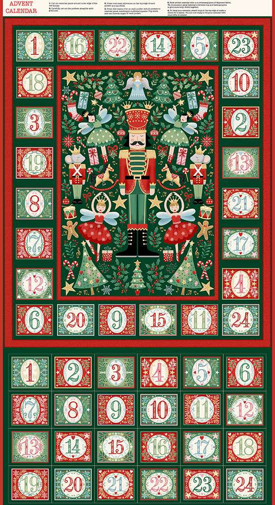The Nutcracker 228-B Advent Green vihreä puuvillapaneeli, Pähkinänsärkijä adventtikalenteri 1–24