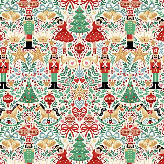 The Nutcracker 229-Q Sugar Plum Cream vaalea jouluteemainen puuvillakangas, Pähkinänsärkijä ja koristeellinen kuosi