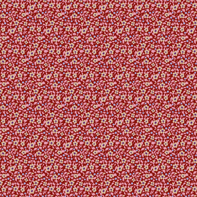Tilda Brie Basics Burgundy 130193 – tummanpunainen puuvillakangas, jossa pieniä kukkakuvioita. Sopii tilkkutöihin ja käsitöihin.