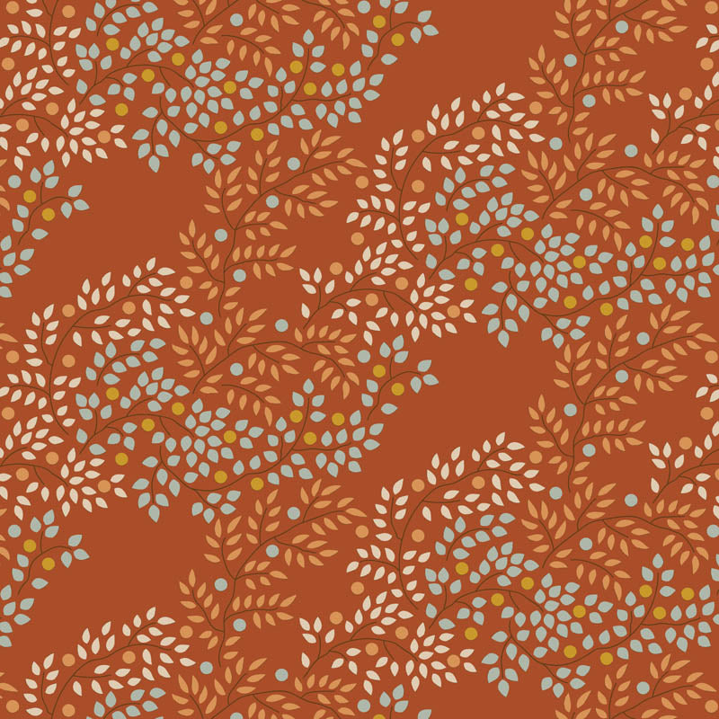 Tildan Creating Memories -kokoelman Berrytangle Copper kangas, jossa pienet lehdet ja oranssillä taustalla, luoden syksyisen ja värikkään tunnelman.