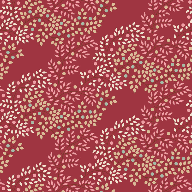 Tildan Creating Memories -kokoelman Berrytangle Burgundy kangas, jossa pienet lehdet ja punaisella taustalla.