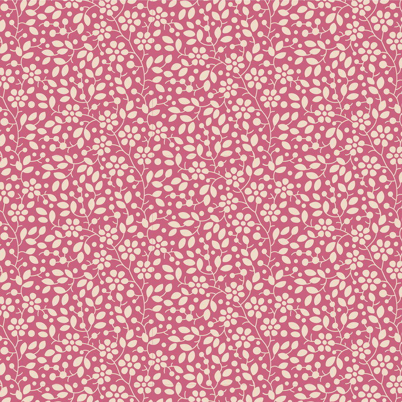 Tilda Pie in the Sky Cloudpie Pink -kangas: pieniä kukkakuvioita lämpimän vaaleanpunaisen sävyisellä pohjalla, täydellinen kevään ja kesän käsitöihin.