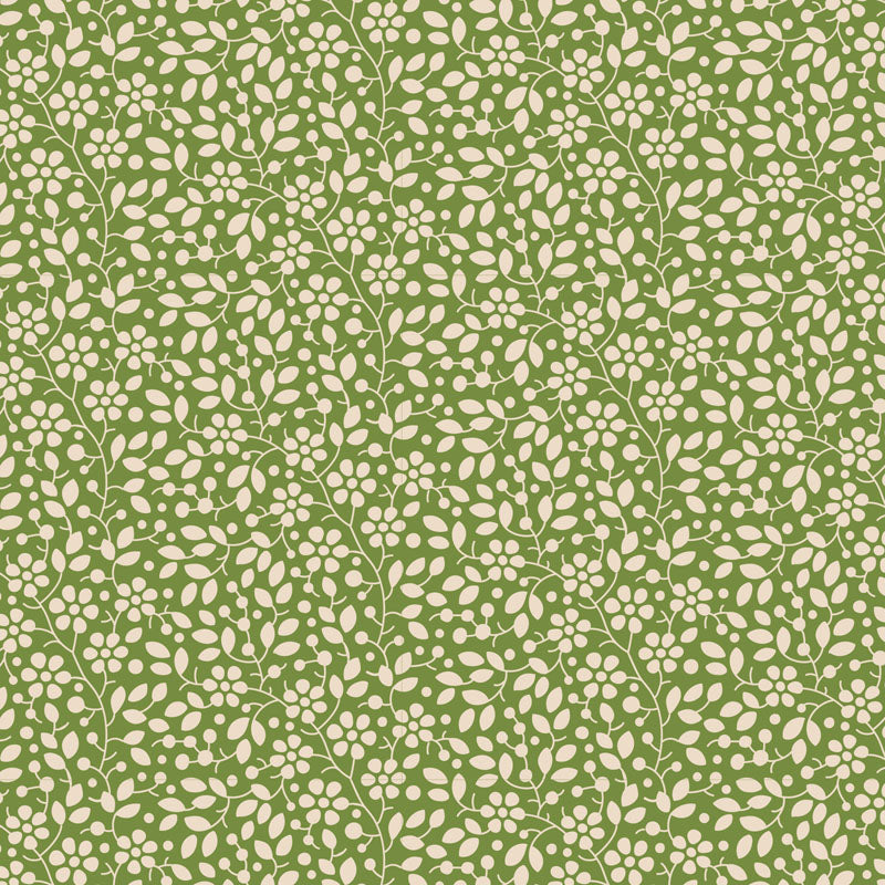 Tilda Pie in the Sky Cloudpie Green -kangas: pieniä kukkakuvioita lämpimän vihreän sävyisellä pohjalla, täydellinen kevään ja kesän käsitöihin.