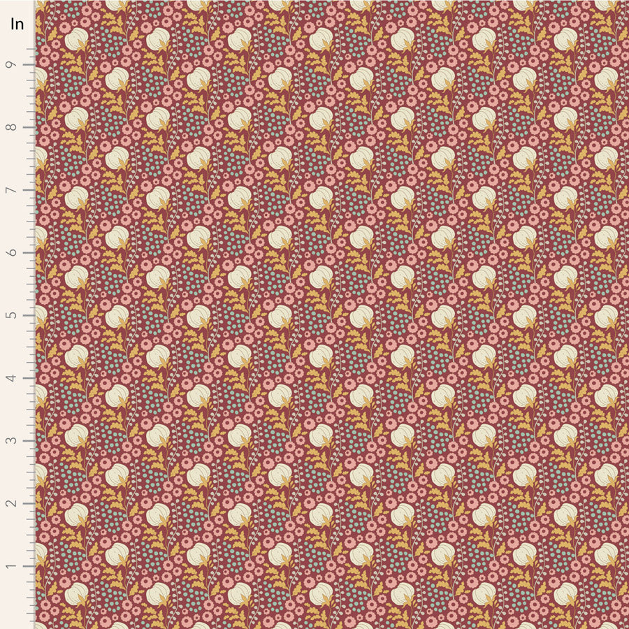 Tilda Sanctuary Cottonfield Maroon 100% puuvillakangas, lämpimät punaiset ja luonnonmaisemat kuviot, täydellinen tilkkutöihin ja käsitöihin.