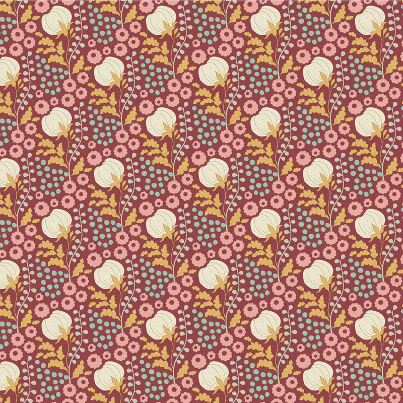 Tilda Sanctuary Cottonfield Maroon 100% puuvillakangas, lämpimät punaiset ja luonnonmaisemat kuviot, täydellinen tilkkutöihin ja käsitöihin.