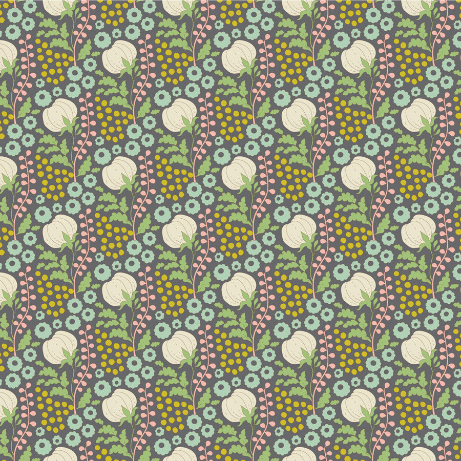 Tildan Sanctuary kokoelman Cottonfield Greygreen 100% puuvillakangas, lämpimät punaiset ja luonnonmaisemat kuviot, täydellinen tilkkutöihin ja käsitöihin.