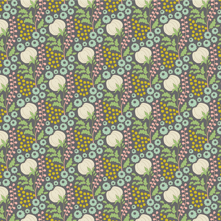 Tildan Sanctuary kokoelman Cottonfield Greygreen 100% puuvillakangas, lämpimät punaiset ja luonnonmaisemat kuviot, täydellinen tilkkutöihin ja käsitöihin.