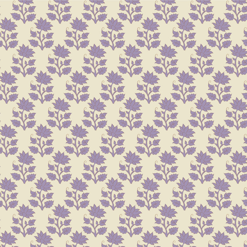 Vaaleanpohjainen Tilda Sanctuary Mira Lavender puuvillakangas, jossa toistuva yksinkertainen kukkakuvio.