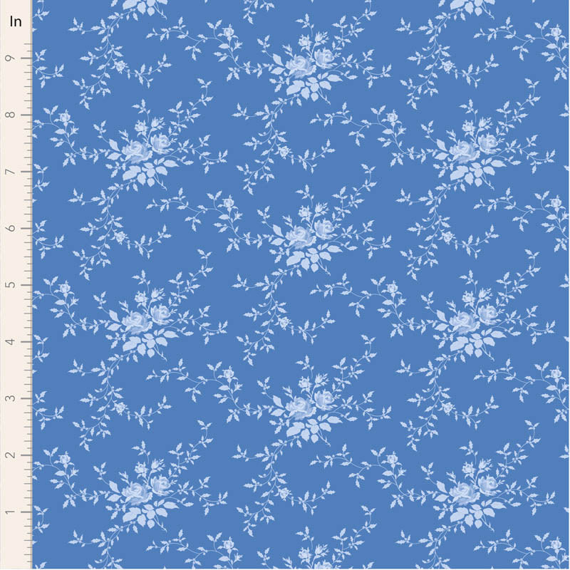 Tilda Something Blue Noel Cornflower 100671 puuvillakangas, sininen tausta ja herkkiä kukkakimppuja.