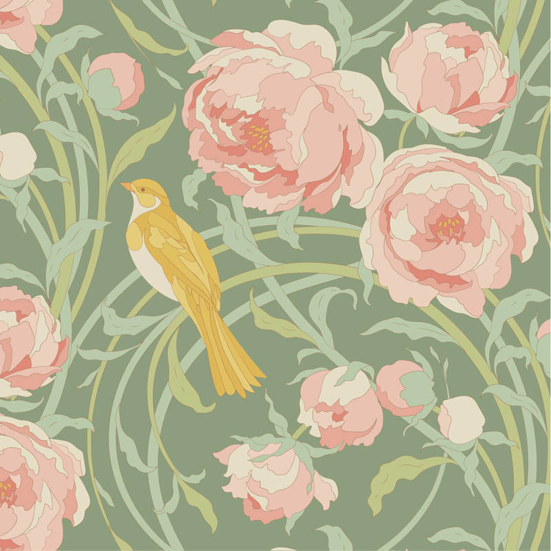 Tilda Songbird 100647 Cora Sage puuvillakangas, vaaleanpunaisia kukkia sekä lintuja vaaleanvihreällä taustalla.