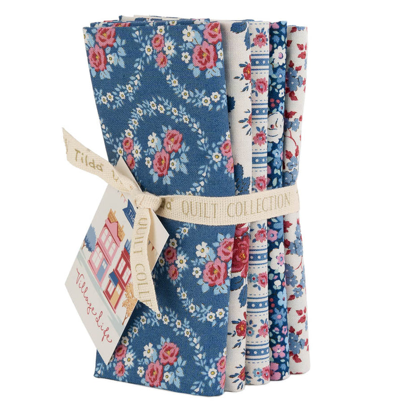 Tilda - Village Life Fat Quarter -nippu sininen, 5kpl puuvillakankaita