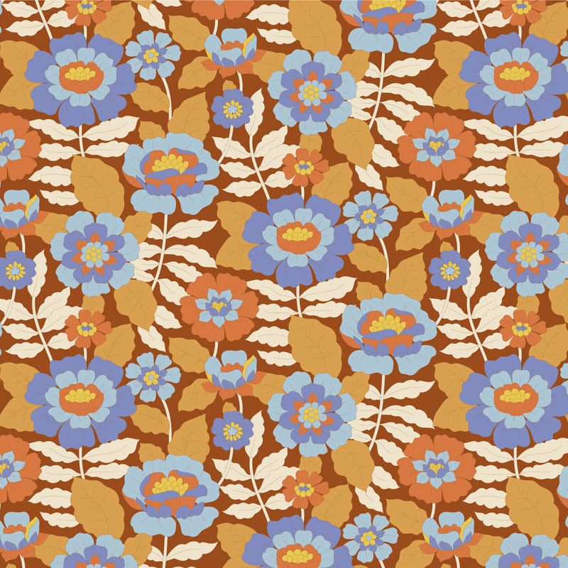 Tildan Wallflower-kokoelman Beverly Caramel -kangas: pieniä kukkakuvioita lämpimän sävyisellä, täydellinen käsitöihin.