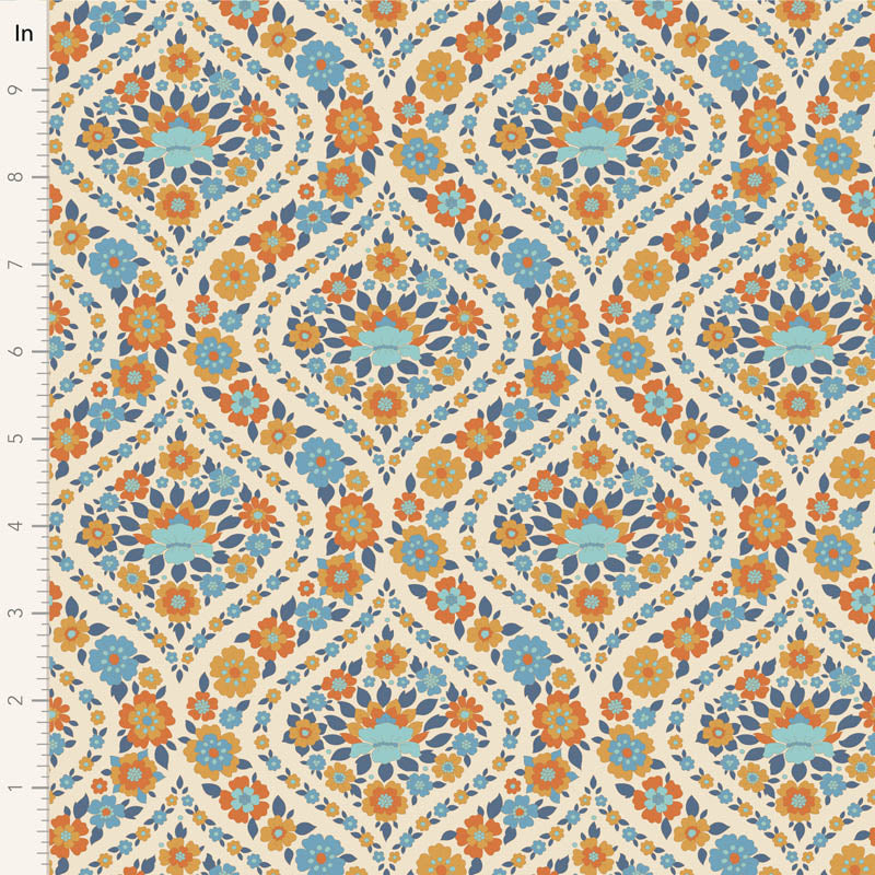 Tildan Wallflower-kokoelman Bianca Blue -kangas: pieniä kukkakuvioita lämpimän sävyisellä, täydellinen käsitöihin.