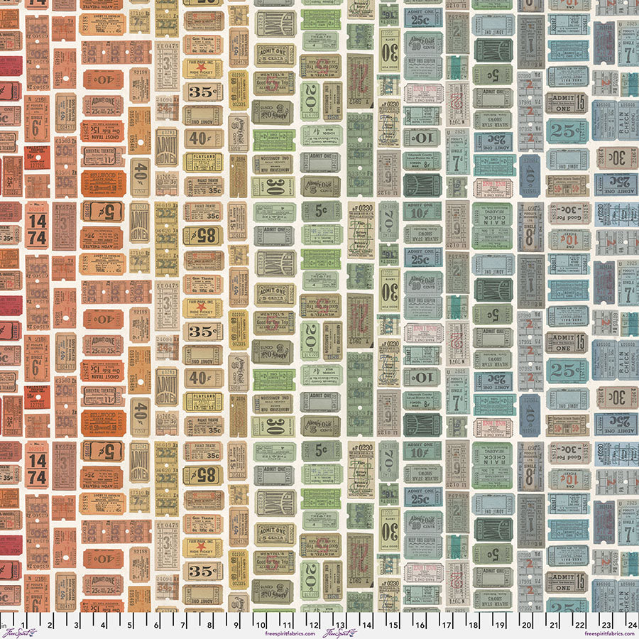 Tim Holtz - Eclectic Elements/Palette Multi Tickets -puuvillakangas,  monivärisiä pääsylippuja ruudullisessa asetelmassa, luonnonvalkoisella  taustalla