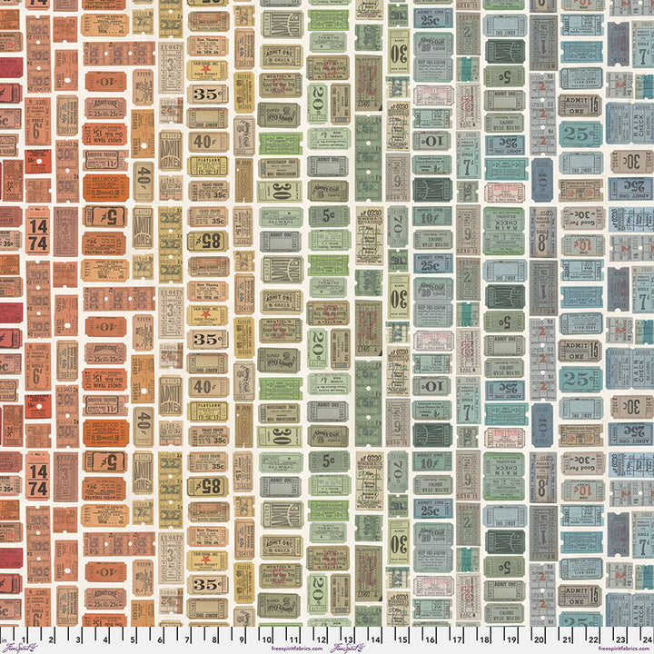 Tim Holtz - Eclectic Elements/Palette Multi Tickets -puuvillakangas,  monivärisiä pääsylippuja ruudullisessa asetelmassa, luonnonvalkoisella  taustalla