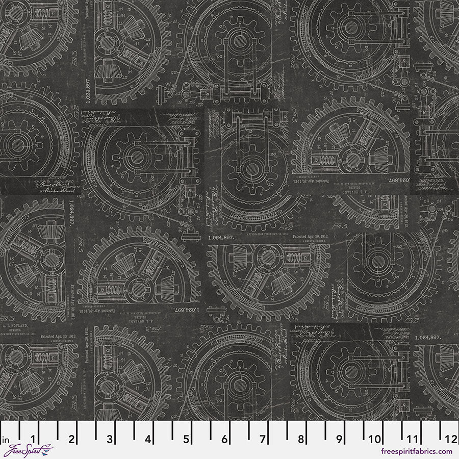 Tim Holtz - Eclectic Elements/Palette Neutral Gears -puuvillakangas mustalla taustalla ja hammasrataskuvioinnilla