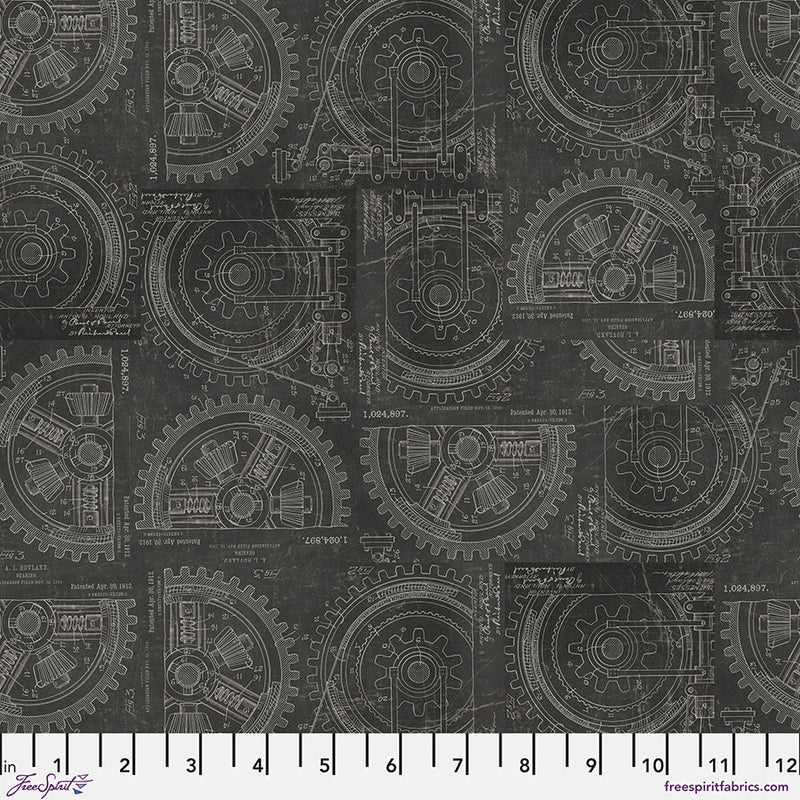 Tim Holtz - Eclectic Elements/Palette Neutral Gears -puuvillakangas mustalla taustalla ja hammasrataskuvioinnilla