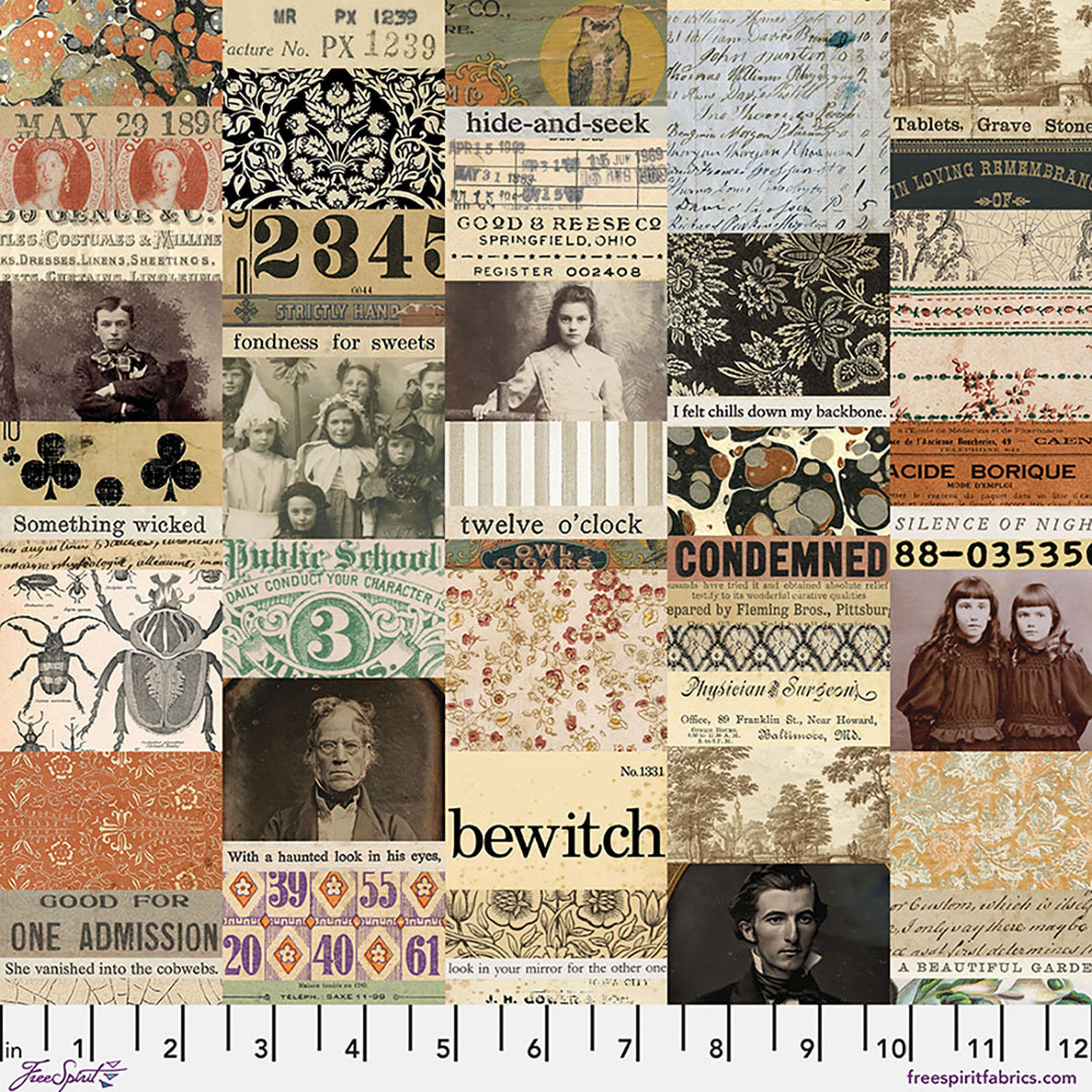 Tim Holtz Halloween Collage -kangas, jossa vintage-kuvia, tekstejä ja koristekuvioita puuvillapanamalla. Halloween-teemainen tilkkukangas.