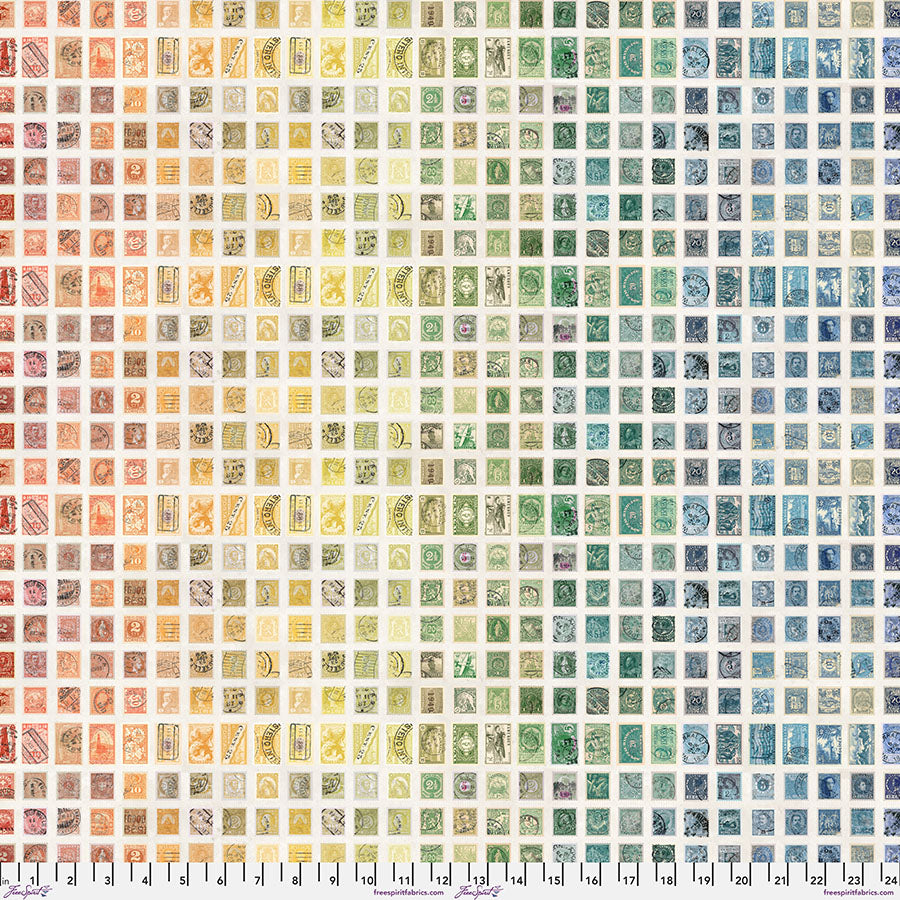 Tim Holtz - Eclectic Elements/Palette Multi Stamps -puuvillakangas,  tmonivärisiä postimerkkejä ruudullisessa asetelmassa, luonnonvalkoisella  taustalla