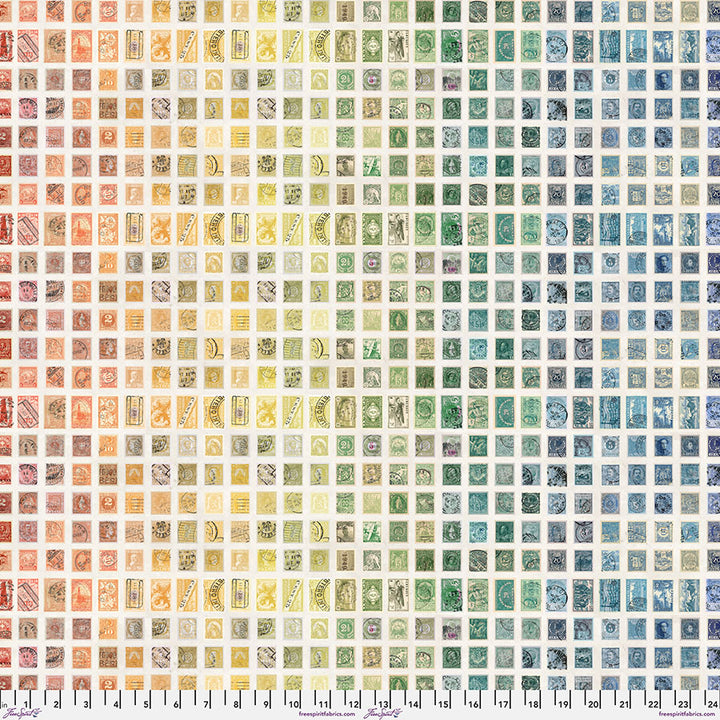 Tim Holtz - Eclectic Elements/Palette Multi Stamps -puuvillakangas,  tmonivärisiä postimerkkejä ruudullisessa asetelmassa, luonnonvalkoisella  taustalla