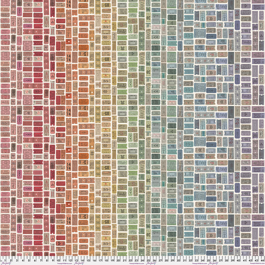 Tim Holtz - Eclectic Elements/Palette Multi Tickets -puuvillakangas,  monivärisiä pääsylippuja ruudullisessa asetelmassa, luonnonvalkoisella  taustalla