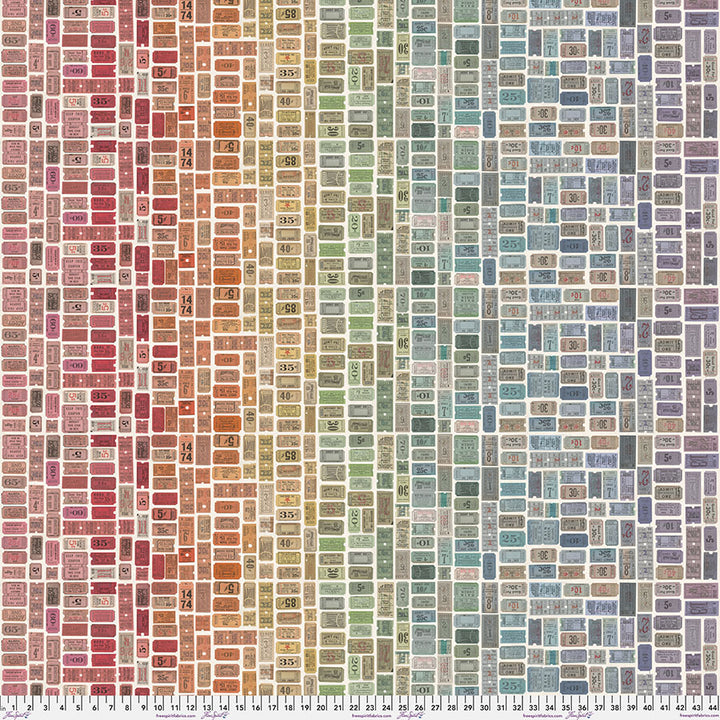 Tim Holtz - Eclectic Elements/Palette Multi Tickets -puuvillakangas,  monivärisiä pääsylippuja ruudullisessa asetelmassa, luonnonvalkoisella  taustalla