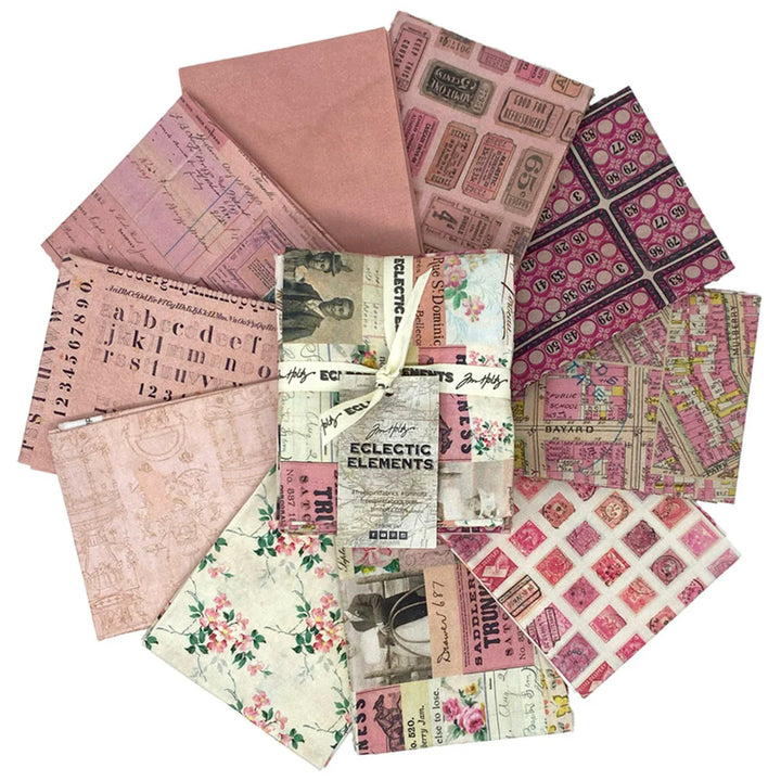 Tim Holtz Palette -kokoelman Pinkki Fat Quarter -nippu, jossa 10 palan Eclectic Elements -kankaita