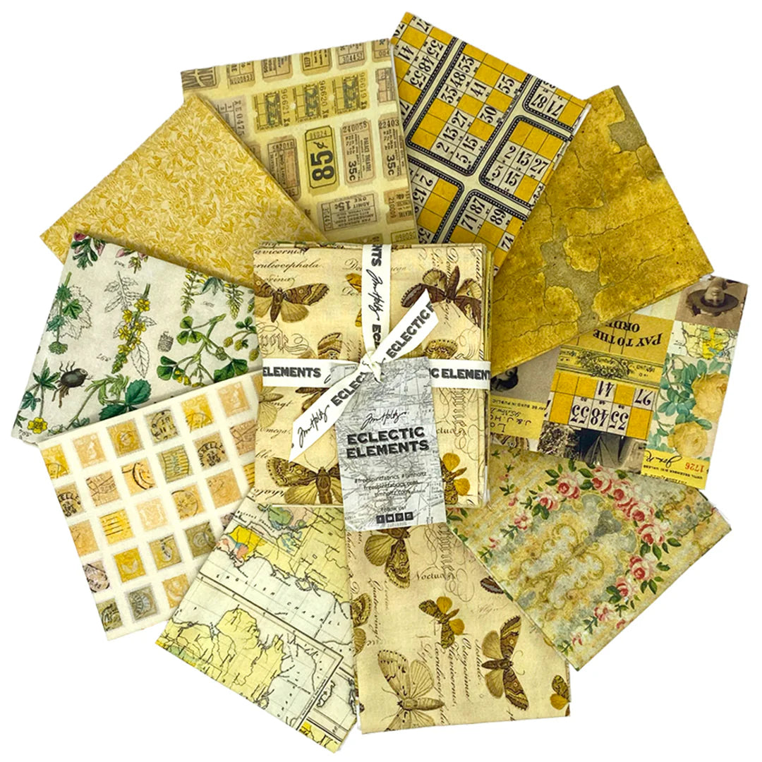 Tim Holtz Palette -kokoelman Keltainen Fat Quarter -nippu, jossa 10 palan Eclectic Elements -kankaita
