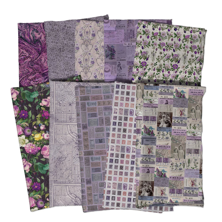 Tim Holtz Palette -kokoelman Lila Fat Quarter -nippu, jossa 10 palan Eclectic Elements Palette-kankaita.
