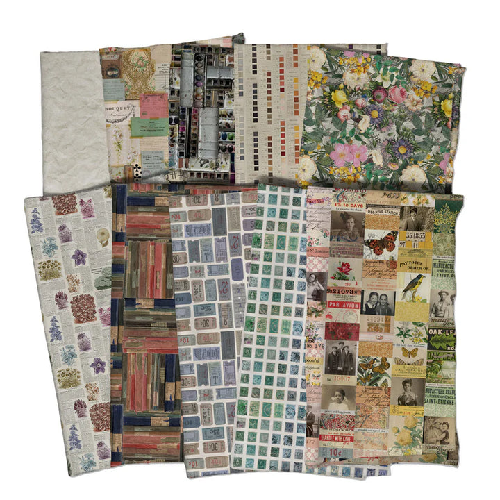 Tim Holtz Palette -kokoelman Monivärinen Fat Quarter -nippu, jossa 10 palan Eclectic Elements Palette-kankaita.