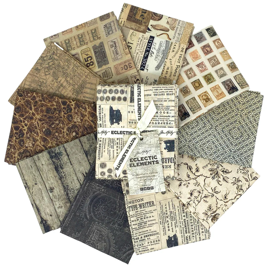 Tim Holtz Palette -kokoelman Naturaalit Fat Quarter -nippu, jossa 10 palan Eclectic Elements -kankaita
