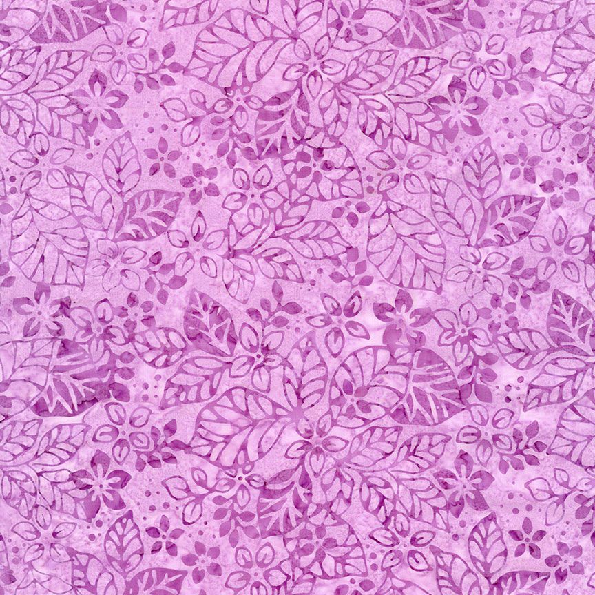 Tonga Batiks Pansy - Cute Flowers and Leaves Lilac B2159 puuvillakangas, batiikki, liilan ja vaaleanpunaisen sävyissä.