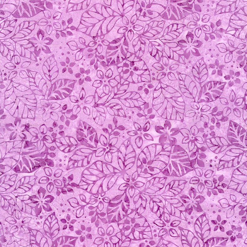 Tonga Batiks Pansy - Cute Flowers and Leaves Lilac B2159 puuvillakangas, batiikki, liilan ja vaaleanpunaisen sävyissä.