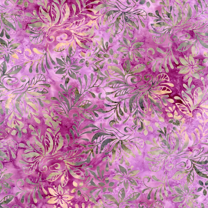 Tonga Batiks Pansy - Fansy Florals Thistle B2161 puuvillakangas batiikki, purppuran, liilan ja vaaleanpunaisen sävyissä.
