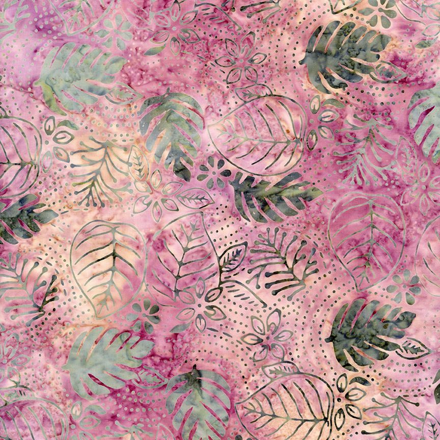Tonga Batiks Pansy - Fansy Tropical Floral Rose B2163 puuvillakangas batiikki, liilan ja vaaleanpunaisen sävyissä.