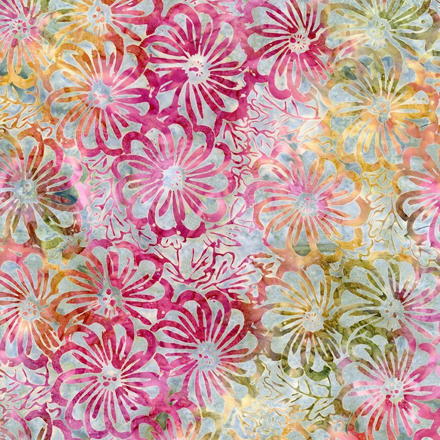 Tonga Batiks Pansy - Packed Blooms Bouquet B4876 puuvillakangas batiikki, keltaisen, vihreän ja vaaleanpunaisen sävyissä