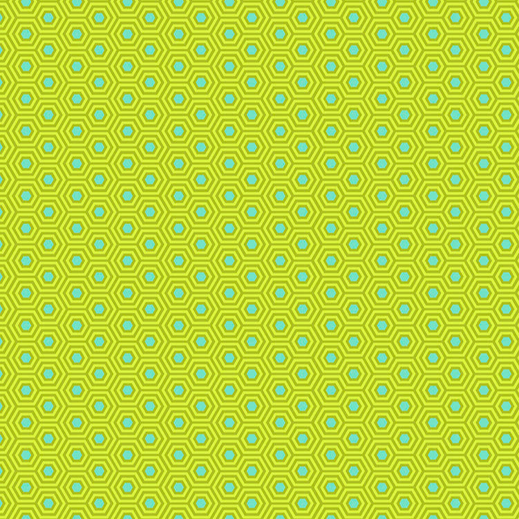Tula Pink True Colors Hexy Chameleon  -kangas, vihreän pohja pastellisilla hexagon-kuvioilla.