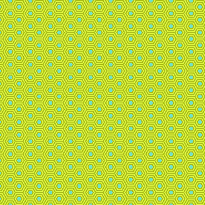 Tula Pink True Colors Hexy Chameleon  -kangas, vihreän pohja pastellisilla hexagon-kuvioilla.