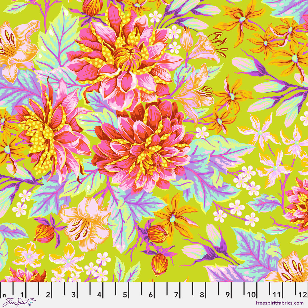 Hello Dahlia Moonbeam Tula Pinkin Untamed -kokoelman kukkakuvioinen puuvillakangas neonkorostuksill.