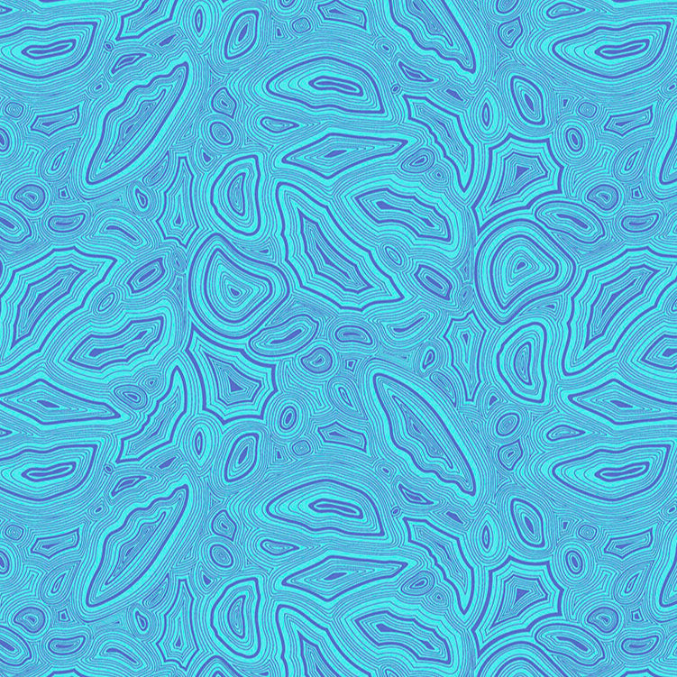 Kuvassa Tula Pinkin True Colors kokoelman Mineral Topaz -puuvillakangas sinisessä sävyssä. Mineraalimainen, orgaaninen kuvio.