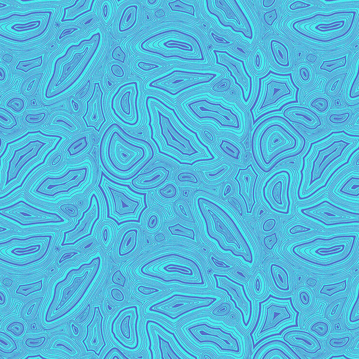 Kuvassa Tula Pinkin True Colors kokoelman Mineral Topaz -puuvillakangas sinisessä sävyssä. Mineraalimainen, orgaaninen kuvio.