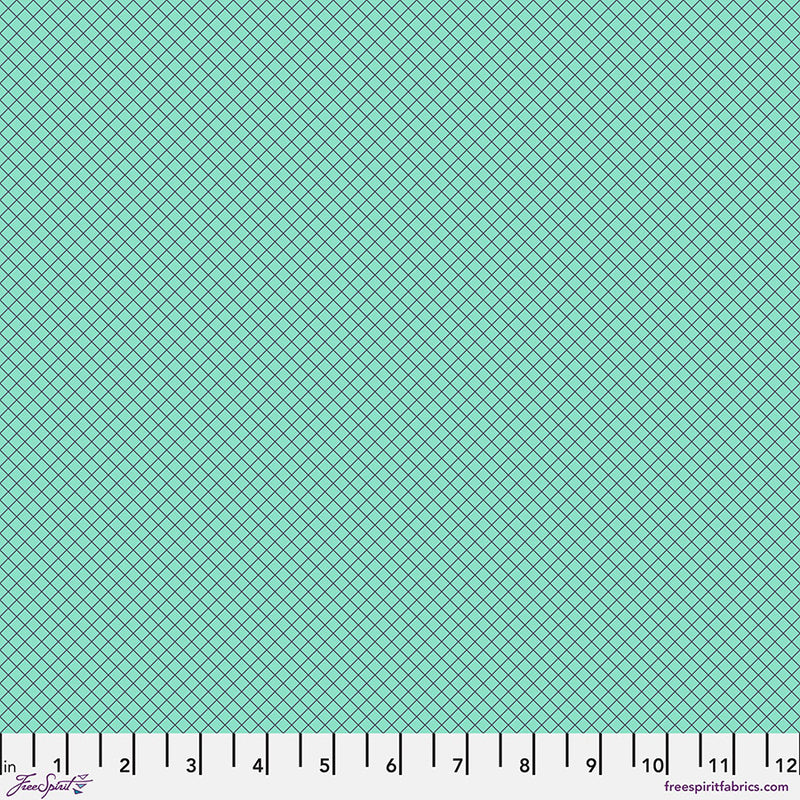 Tula Pink True Colors 2025 On the Grid Raindrop kangas, ruudullinen turkoosi kangas, laadukasta 100% puuvillaa, täydellinen tilkkutöihin.