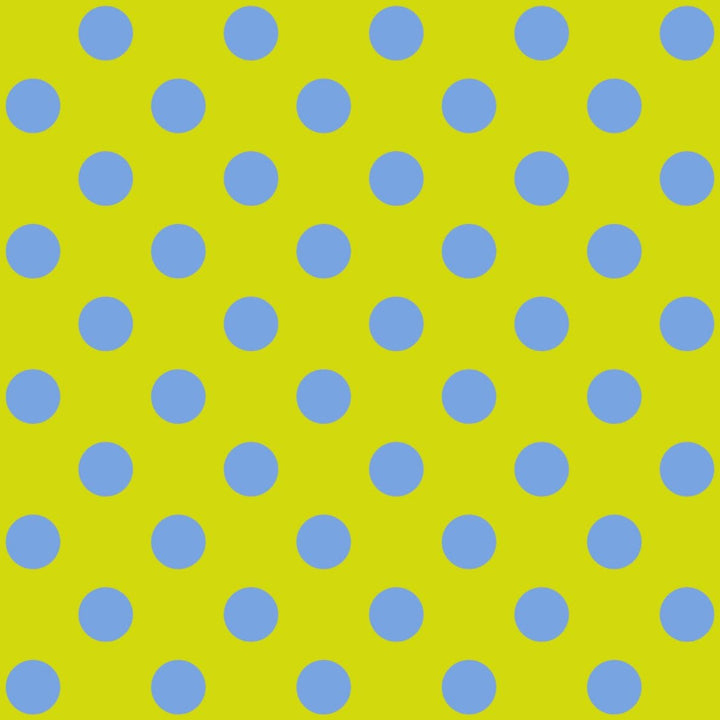 Tula Pink True Colors Pom Poms Myrtle -puuvillakangas, keltainen tausta, suuret siniset pilkut. Raikas ja värikäs kangas tilkkutöihin ja ompeluun.