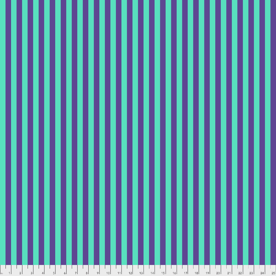 Tula Pink True Colors Tent Stripe Iris - turkoosi/violettiraidallinen 100% puuvillakangas, jossa ½ tuuman raidat. Täydellinen kanttaukseen ja moderniin tilkkutöihin.