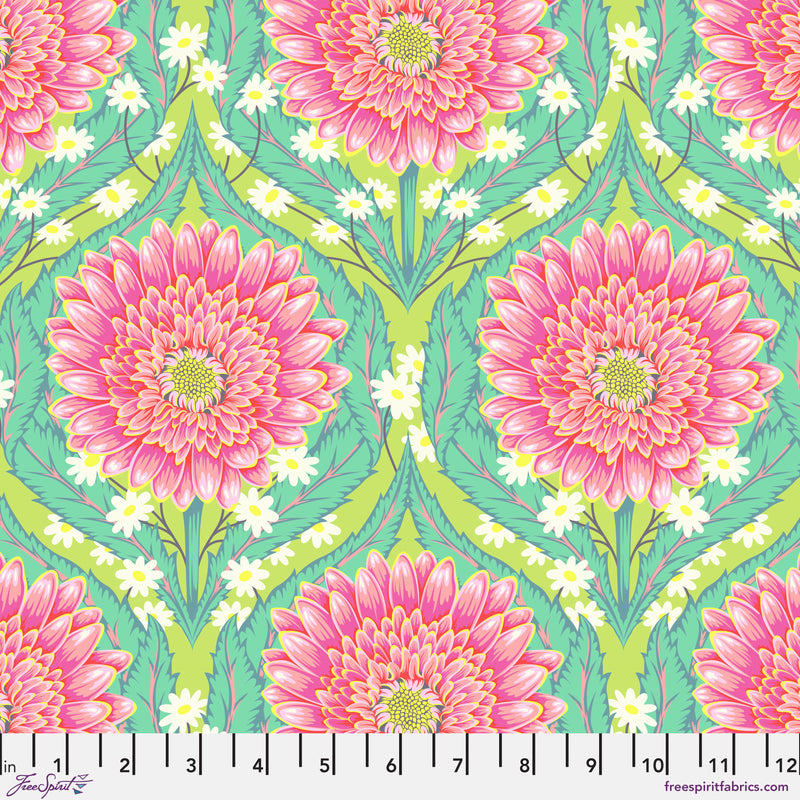 Daisy and Confused Moonbeam: Tula Pinkin Untamed -kokoelman kukkakuvioinen puuvillakangas neonkorostuksilla ja geometrisilla kuvioilla.